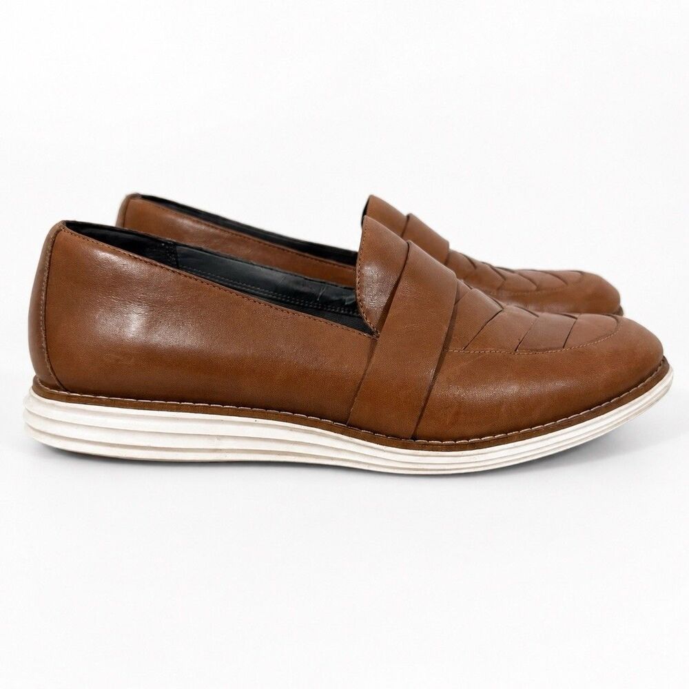 Cole Haan Grand.OS Women 8.5 Brown Leather Woven Penny Loafers Slip On Shoes